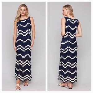 NWOT CHARLIE B Crochet Boho Navy White Sleeveless Maxi Scalloped Hem Dress M